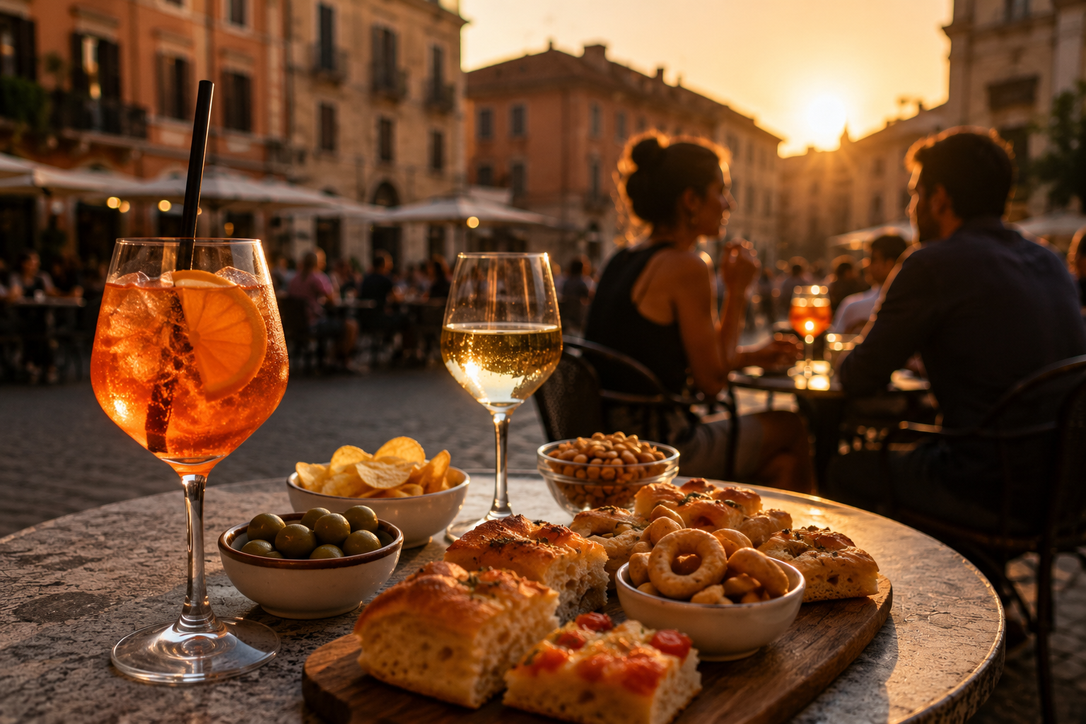Traditional Italian aperitivo served in a lively piazza with an Aperol Spritz, wine and local snacks at sunset