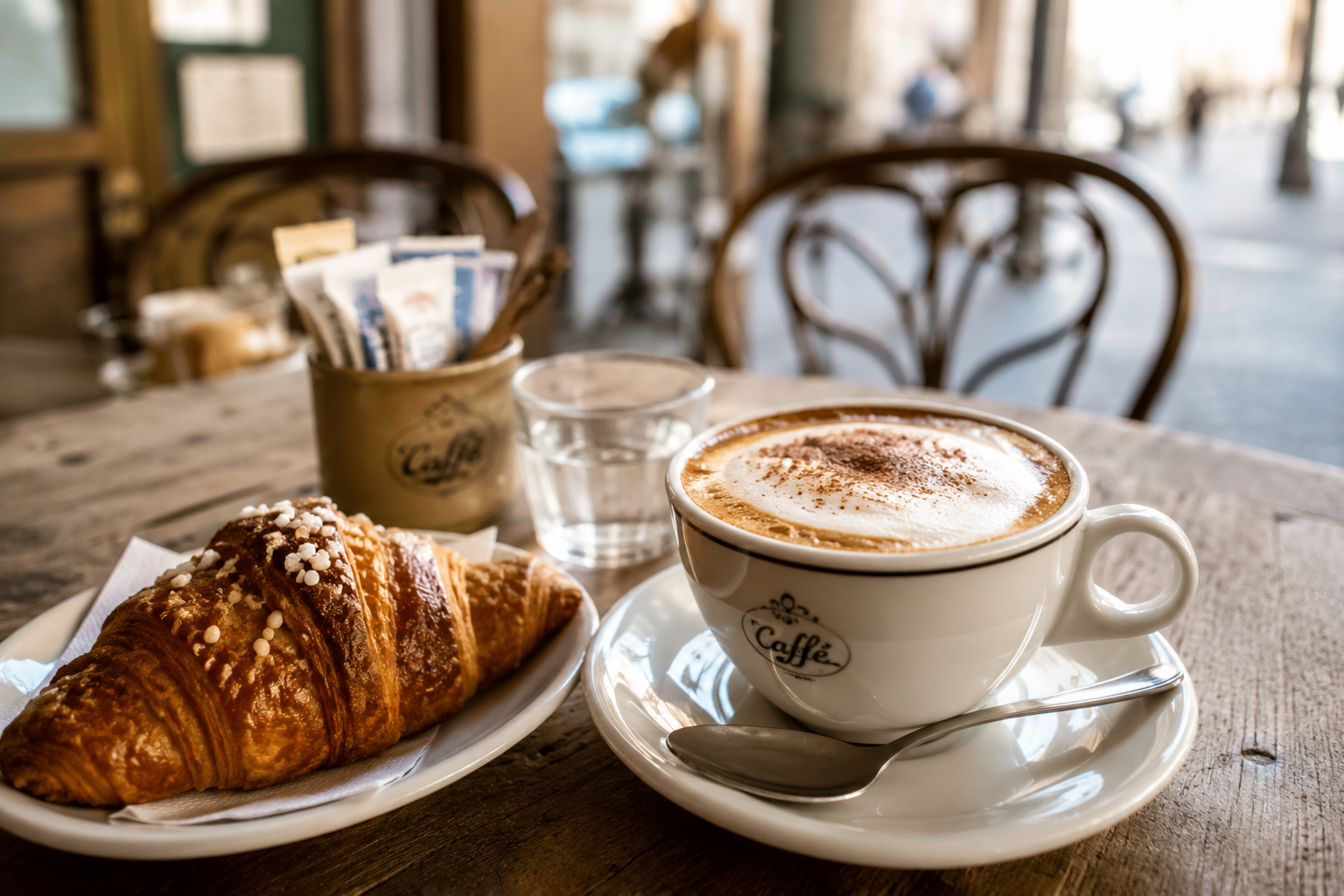 Italian cappuccino and cornetto served for breakfast in a traditional Italian café