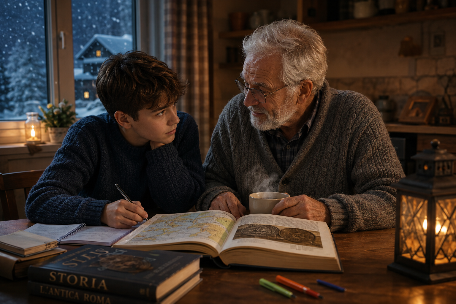 Nonno e nipote studiano l'origine del nome Italia