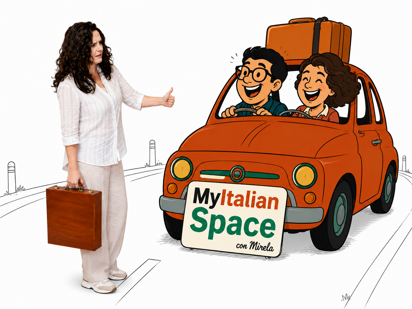 Mirela beside the My Italian Space car, inviting students to begin their Italian learning journey